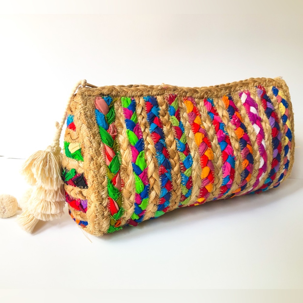 NEW natural Straw Bag Jute Tassel Clutch Boho Chic Hippie Turquoise multi-color